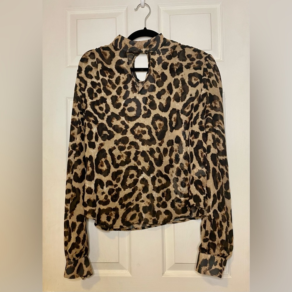 Lightly worn, size L, sheer, leopard print, choker blouse